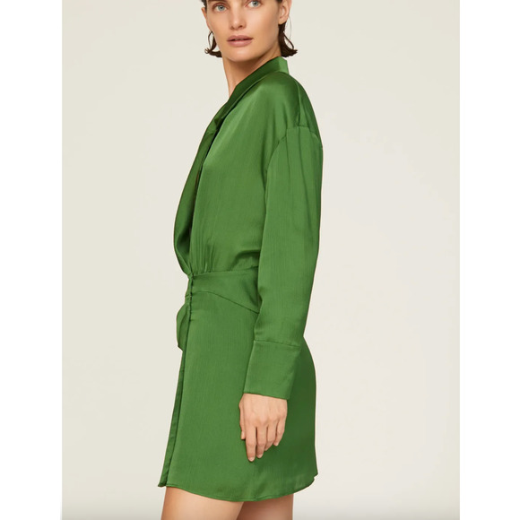BA&SH Green Mini Shirt Dress XS Wrap Designer Cocktail Satin Ruched Holiday $340 - Picture 2 of 12